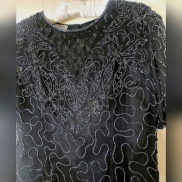 Vintage Allyson Whitmore Large Black Midi Dress 100% Silk Beaded Formal - Picture 11 of 14